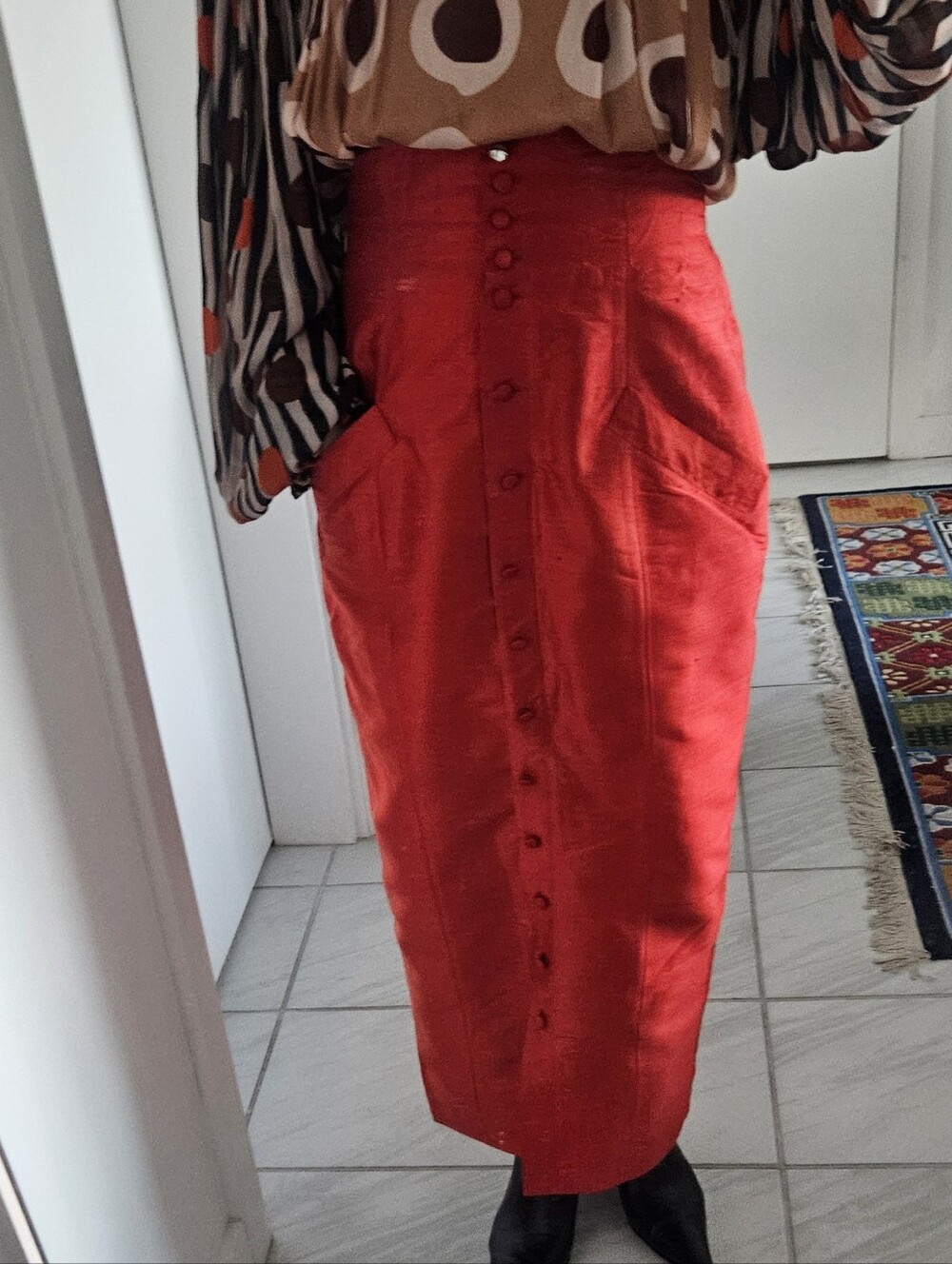Chacok France Carmen Silk Orange Red High Waisted Button Down Midi Skirt - Picture 5 of 9